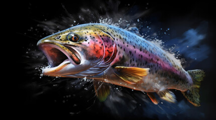 Fototapeta premium Colorful trout fish emerges with splash on dark background. Wildlife and nature art.