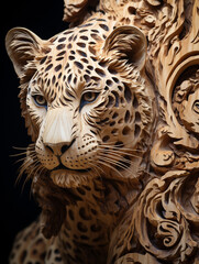 A Detailed Wood Carving of a Leopard