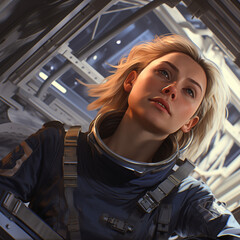 portrait of a woman inside a space station