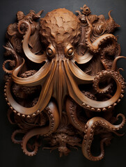 A Detailed Wood Carving of an Octopus