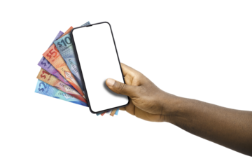 Black hand holding mobile phone with blank screen and Barbados Dollar notes