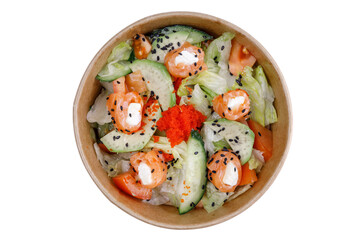 Salad with salmon and cheese on a white background, for a food delivery site 