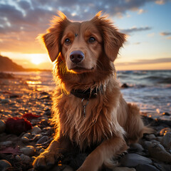 golden retriver on a beach watching sunset. AI generative