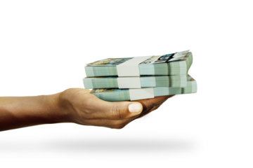Hand Holding 3D rendering of stacks of Jamaican dollar notes isolated on transparent background
