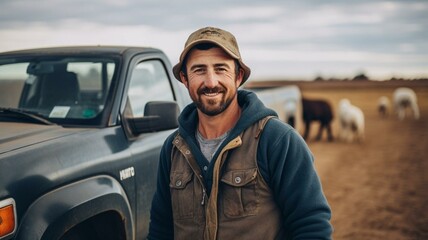 Farmer with a pickup truck - obrazy, fototapety, plakaty