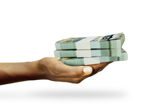 Hand Holding 3D rendering of stacks of Jamaican dollar notes isolated on transparent background
