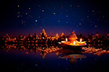 The moonlit sky provides a mesmerizing backdrop to the Diwali-themed scene, evoking a sense of enchantment.
