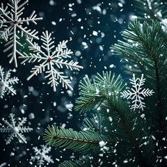 Fototapeta na wymiar Christmas Spruce Branches with Snowflakes Falling. Super Slow Motion Filmed on High Speed Cinema Camera at 1000 fpsar