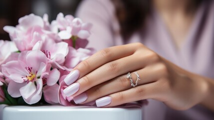 Fototapeta premium Woman show beautiful nail after receive care service by professional Beautician Manicure at spa centre. Nail beauty salon use nail file for Glazing treatment. manicurist make nail to beautiful.