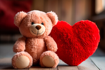 Teddy bear lovingly clutches a red heart, epitomizing Valentine's Day concept.
