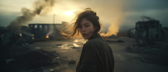 Fototapeta premium In the style of a panoramic movie still. Young woman protagonist in a post-apocalypic landscape. Diesel punk fashion.