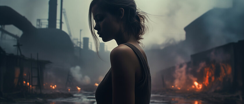 In the style of a panoramic movie still. Young woman protagonist in a post-apocalypic landscape. Diesel punk fashion.