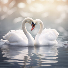 Elegant Swans Forming a Heart-Shaped Pose on a Tranquil Lake, Symbolizing Love and Romance in a Serene Waterfowl Wildlife Scene