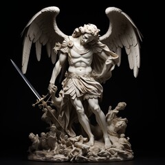 a statue of a man with wings and a sword - obrazy, fototapety, plakaty