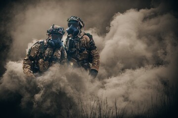 Special forces and military soldiers between smoke and gas in battlefield