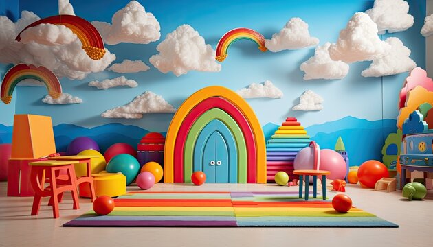 Rainbow playground room, Backdrop for photo studio, room background for children photography