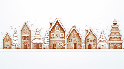 Gingerbread Houses in a horizontal row, Christmas Holiday, Winter illustration, vector illustration flat style background, banner, wallpaper, space for text