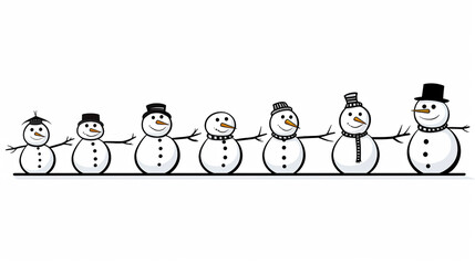 Snowman, snowmen, in a horizontal row, Christmas Holiday, Winter illustration, vector illustration flat style background, banner, wallpaper, space for text