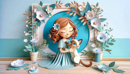 an illustration of a paper craft diorama with young girl hugging her adorable cat