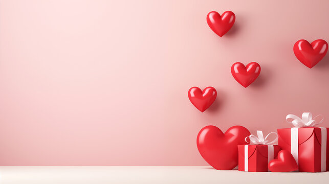 Valentine's day gifts with hearts ballons and copyspace, saint valentine and love background concept, blank space, hd