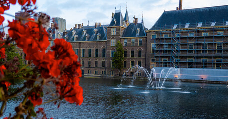 The Hague Binnenhof Palace beside the Hohvijfer canal. Netherlands - Dutch Parliament buildings. - obrazy, fototapety, plakaty