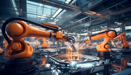 Smart factory industry with machinery and robotics in a futuristic atmosphere. Innovation, engineering and interconnected tech systems