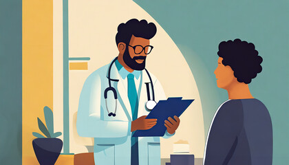 Ilustração minimalista de médico segurando uma prancheta atendendo paciente em um consultório hospitalar. - obrazy, fototapety, plakaty