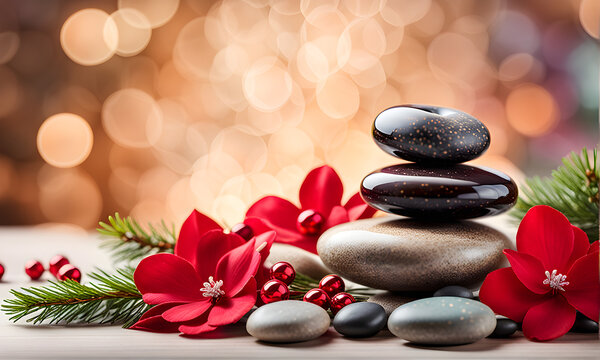 Christmas zen stones and flowers, bokeh background, holiday spa package
