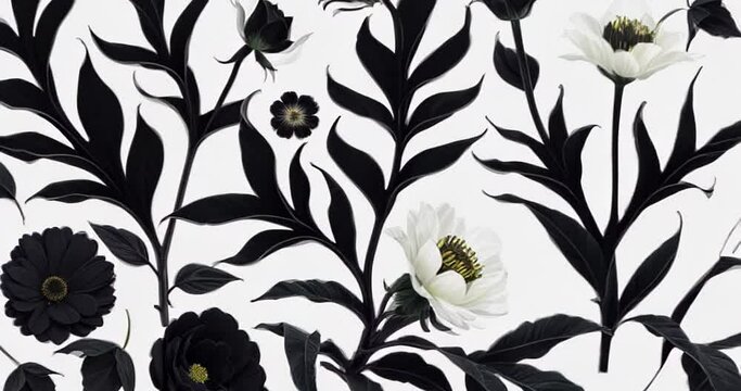 Simple Black and White flowers blooming with white background using generative AI 