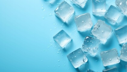 Top above overhead close up macro view ice cubes and water drops on blue background with copy empty blank space for text