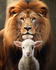 The Lion Of Judah and the Lamb Of God: A Spiritual Symbol of Jesus Christ the King. - obrazy, fototapety, plakaty