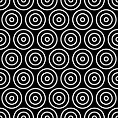 Repeated small and big white circles background. Seamless surface pattern design with circular ornament. Hoops wallpaper. Round motif. Spheres image. Digital paper with rings. Vintage style vector art