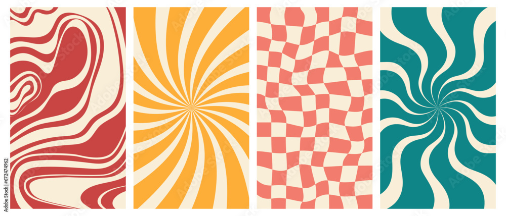 Wall mural groovy hippie 70s vector backgrounds set. chessboard and twisted patterns. backgrounds in trendy ret