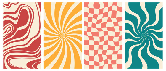 Groovy hippie 70s vector backgrounds set. Chessboard and twisted patterns. Backgrounds in trendy retro trippy style. Twisted and distorted vector texture in trendy retro psychedelic style - obrazy, fototapety, plakaty