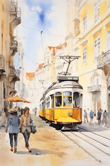 life drawing of a Lisboa, streets, yellow tranvia, walking people, monochrome watercolor