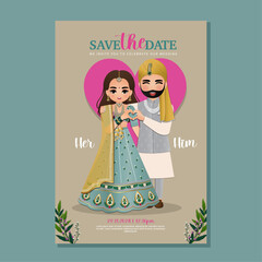  Wedding invitation card the bride and groom cute couple in traditional indian dress cartoon character