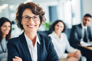 Smiling attractive confident professional woman posing at her business office with her coworkers...