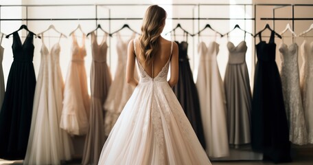 Rear view young woman choosing a wedding dress in a wedding salon. Generative AI