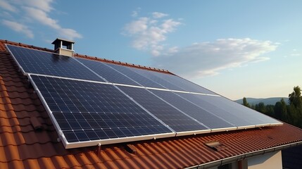 Alternatve electricity source, photovoltaics on the roof of a house building, solar panels sustainable resource concept