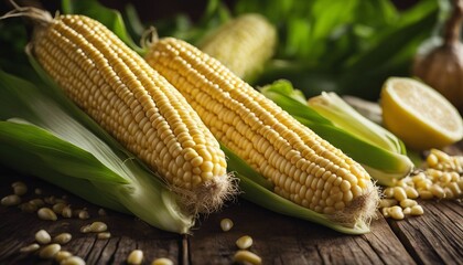 Fresh corn on the cob on a wooden background

