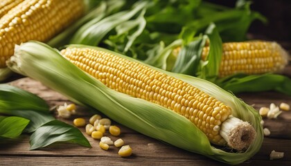 Fresh corn on the cob on a wooden background

