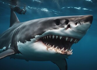 Great white shark attacks just underwater surface. Wild angry shark jaw
