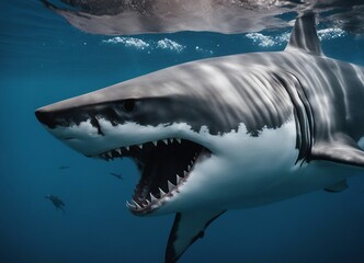 Naklejka premium Great white shark attacks just underwater surface. Wild angry shark jaw 
