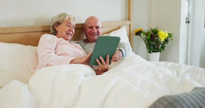Senior, couple and tablet in bed smile or online connection, social media reading or internet scroll. Man, woman or digital connectivity and laugh in home partnership or talk, streaming or web