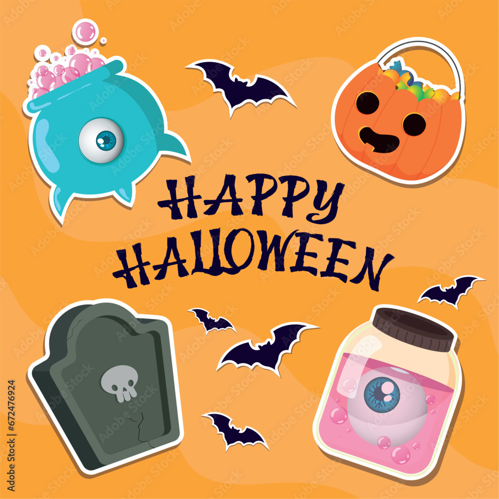 Sticker Happy halloween poster Monster Tombstone pumpkin Vector