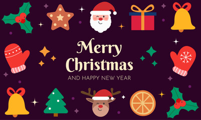 Merry Christmas and Happy New Year background with set of winter holiday elements. Colorful and modern vector illustration. Tree, gift, bell, cookie, star, mitten.