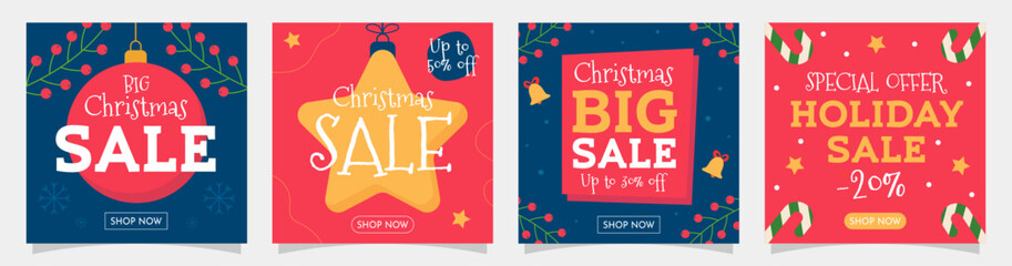 Holiday sale banner, background template design. Collection of Christmas and New Year square templates for social media, cards, invitations, advertising, web. Sale, shop now, discount. - obrazy, fototapety, plakaty