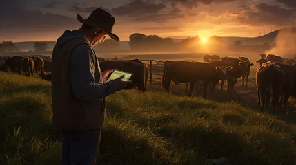 Fotobehang Modern-Day Cow Herding  Embracing Agritech with Digital Tablets Amidst Livestock Farming © Saran