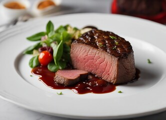 red meat cooked medium rare on a white porcelain plate in a luxury restaurant

