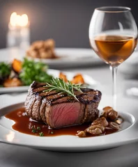 Wandcirkels tuinposter steak meat cooked medium rare on a white porcelain plate in the restaurant  © abu